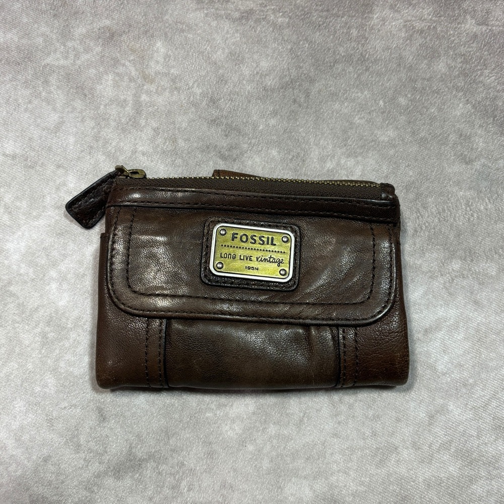Fossil Wallet Womens OS Brown Long Live Vintage Leather Bifold Snap Zip Pocket